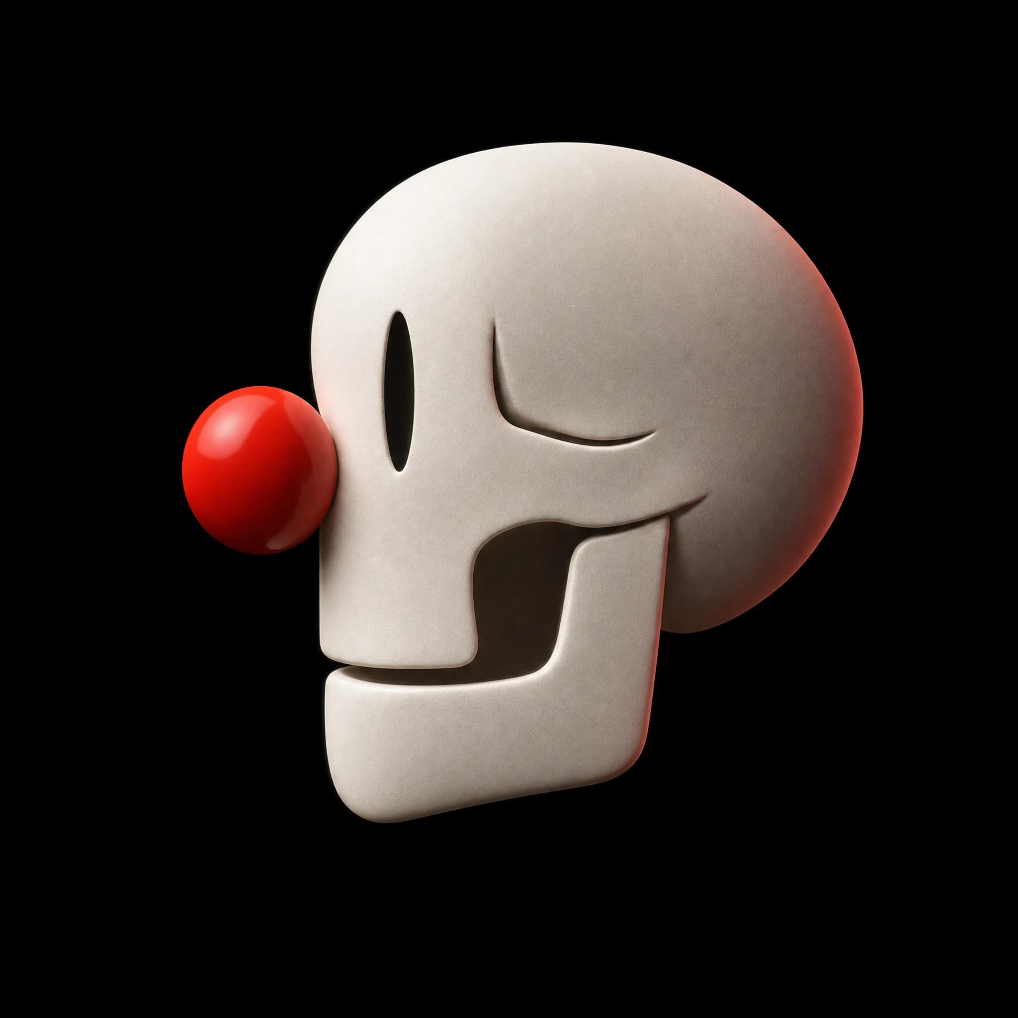 La marca OSEO como escultura: una calavera color hueso de perfil con una esfera roja por nariz